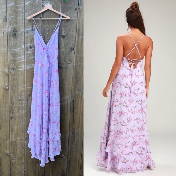 Lulus Dresses & Skirts - Lavender Floral Lace-Up Back High-Low Maxi Dress 🌿